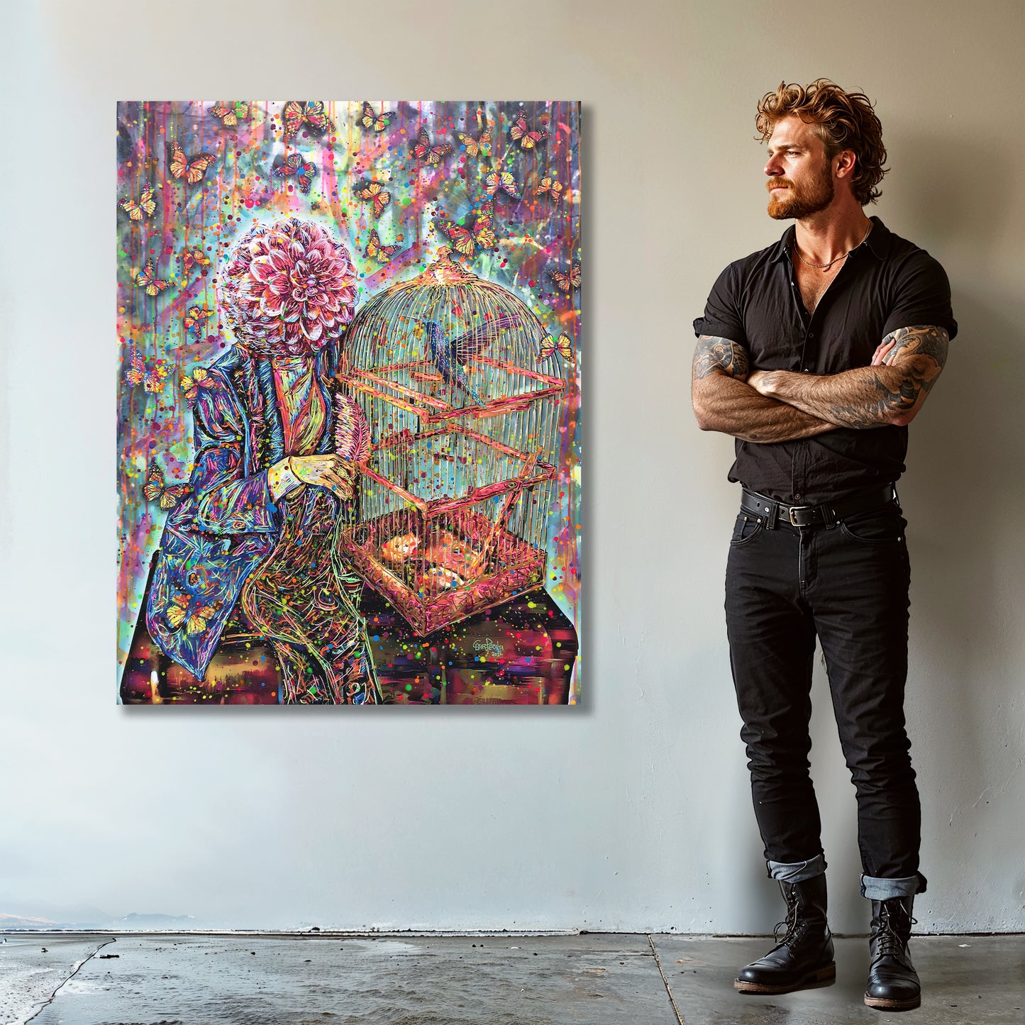 Painting: Dahlia and Hummingbird 100x130 cm / 40x52 in with AR
