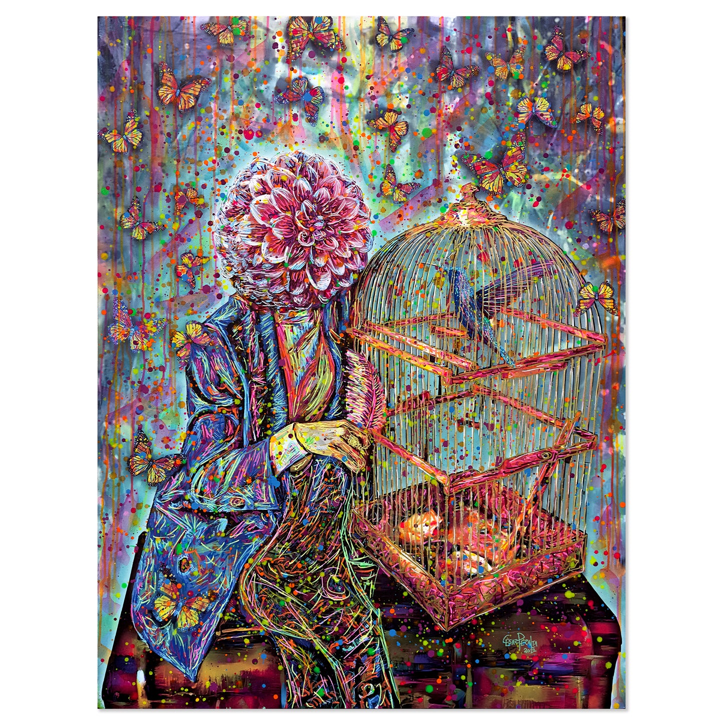 Painting: Dahlia and Hummingbird 100x130 cm / 40x52 in with AR