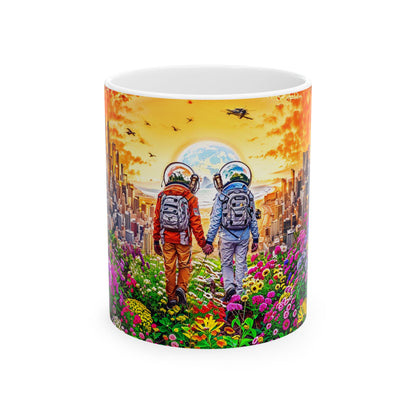 Astronaut Couple Ceramic Mug — Hand-in-Hand Space Walk Scene (11oz & 15oz)